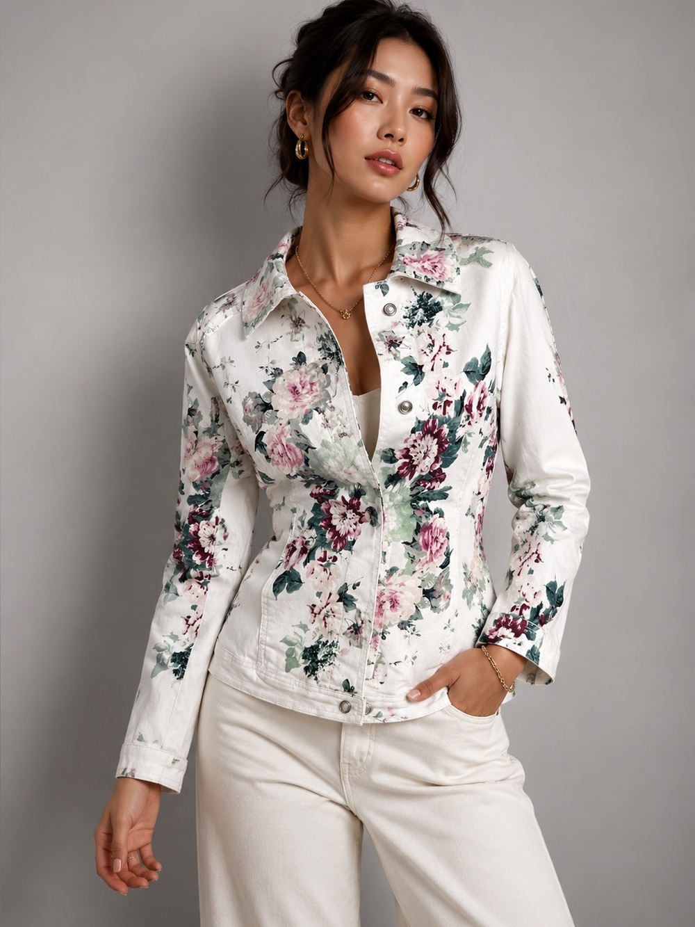 Ethyl Clothing Floral Denim Jacket White Pink Green Button Front Spring Layer